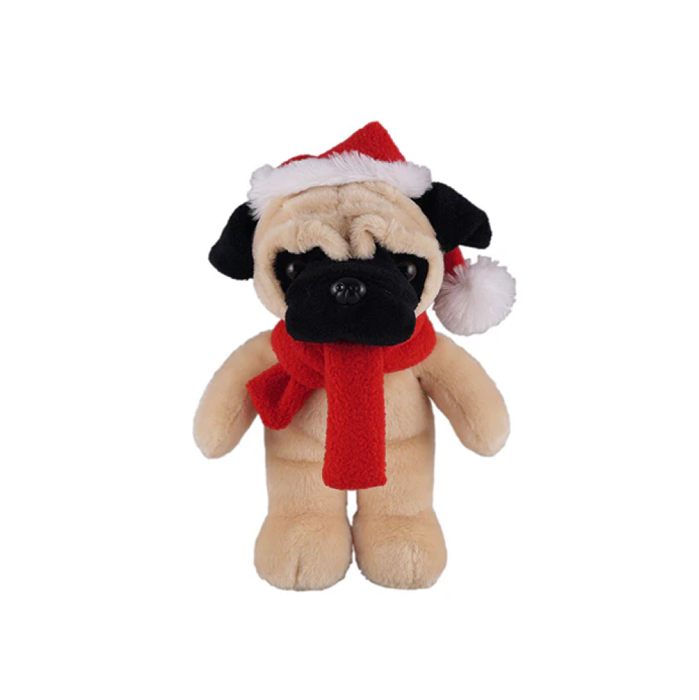 8" Standing Customizable Red Scarf Pug, Featuring Soft Fur and Scarf Design by Plushland.