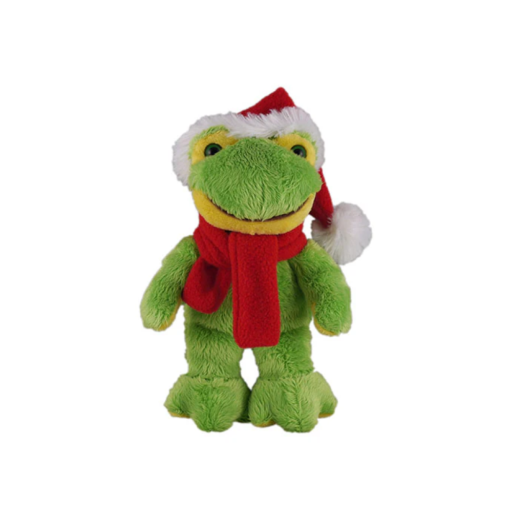 8" Standing Customizable Red Scarf Frog, Featuring Soft Fur and Scarf Design by Plushland.