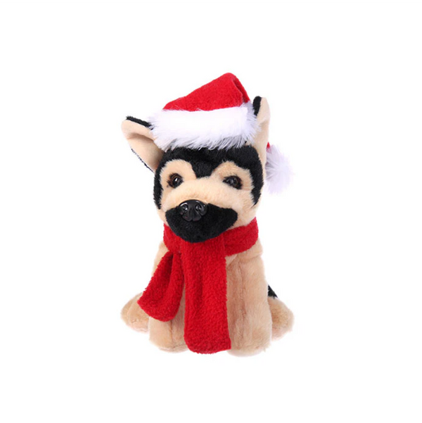 8" Sitting German Shepherd with Red Scarf, Featuring Soft Fur and a Festive Design by Plushland.