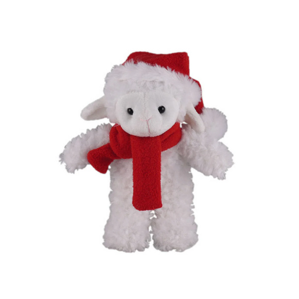 8" Standing Customizable Scarf Sheep, Featuring Soft Fur and a Personalized Red Scarf Design by Plushland.