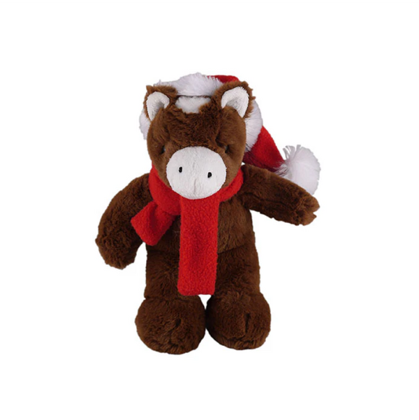 12" Standing Customizable Scarf Horse, Featuring Soft Fur and a Personalized Red Scarf Design by Plushland.