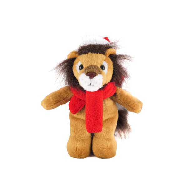 12" Standing Xmas Lion with Scarf, Featuring Soft Fur and a Festive Scarf Design by Plushland.