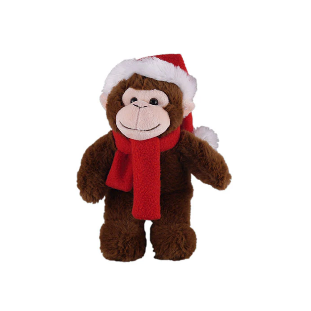 12" Standing Monkey with Hat and Red Scarf, Featuring Soft Fur and a Festive Design by Plushland.