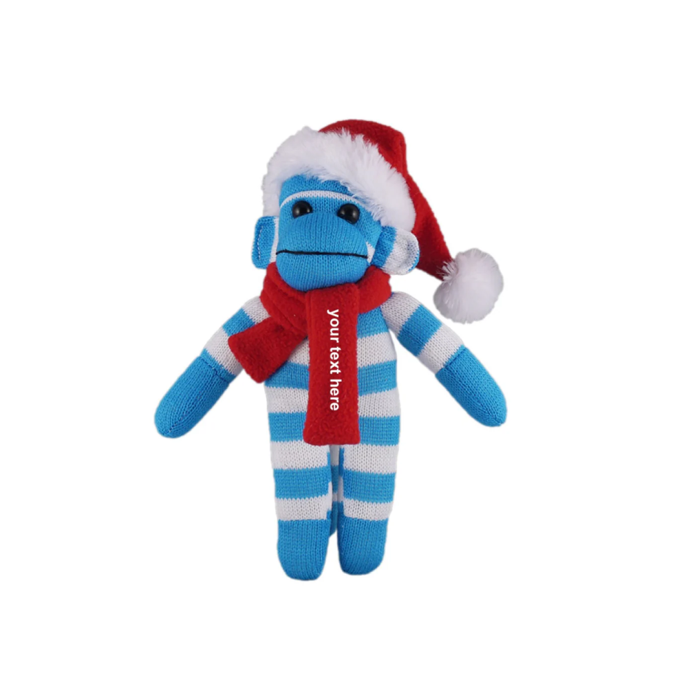 12" Standing Customizable Scarf Blue Monkey, Featuring Soft Fur and a Personalized Scarf Design by Plushland.