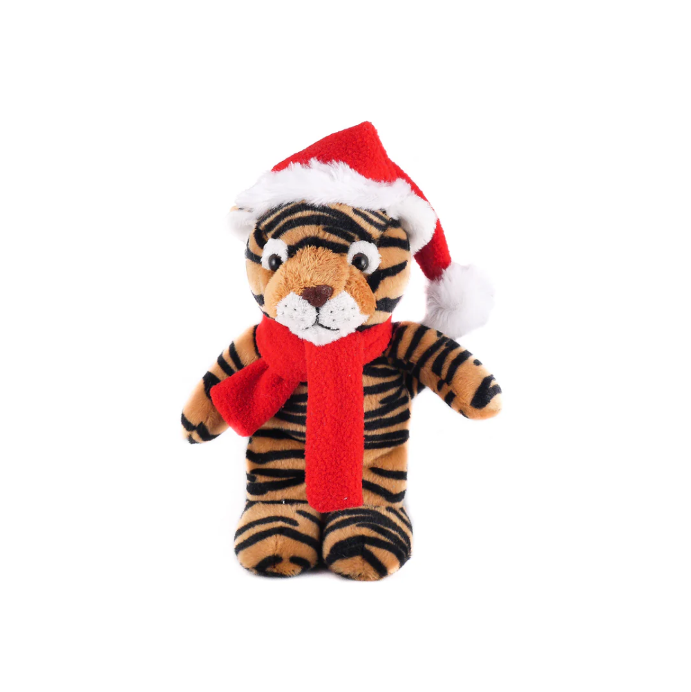 12" Standing Tiger with Hat and Scarf, Featuring Soft Fur and a Festive Design by Plushland.