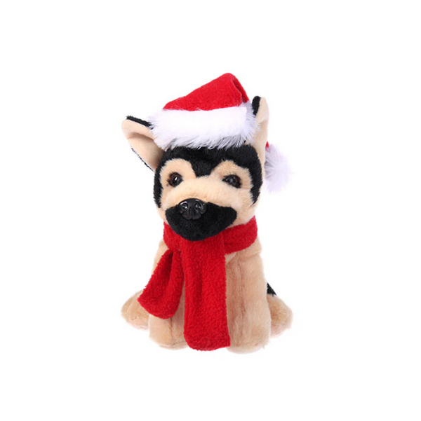 12" Sitting German Shepherd with Red Scarf, Featuring Soft Fur and a Festive Design by Plushland.