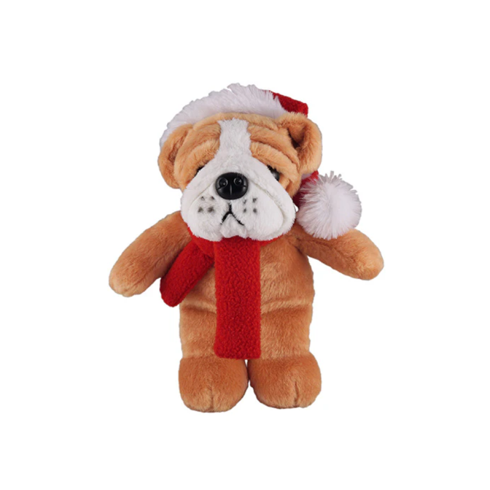 12" Standing Bulldog with Hat and Scarf, Featuring Soft Fur and a Festive Design by Plushland.