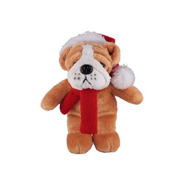 12" Standing Bulldog with Hat and Scarf, Featuring Soft Fur and a Festive Design by Plushland.