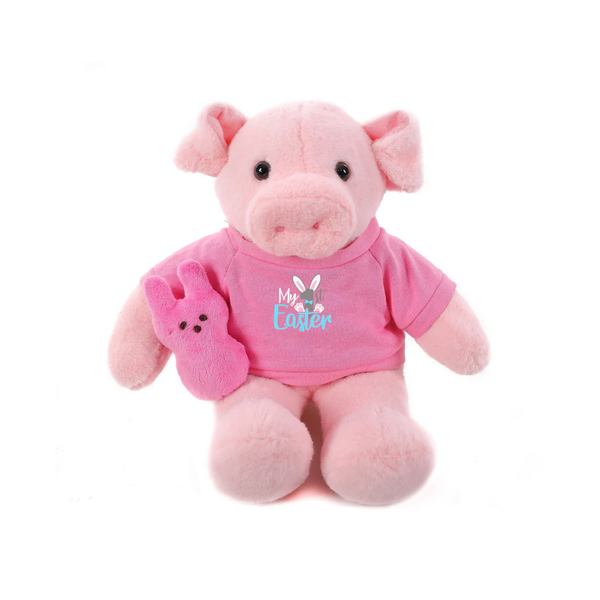 12" Sitting Pig with Custom 1st Easter Pink Shirt, Featuring Soft and an Adorable Outfit by Plushland.






