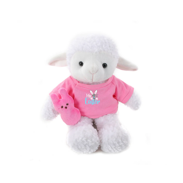 12" Sitting Sheep with Custom 1st Easter Pink Shirt, Featuring Soft and an Adorable Outfit by Plushland.






