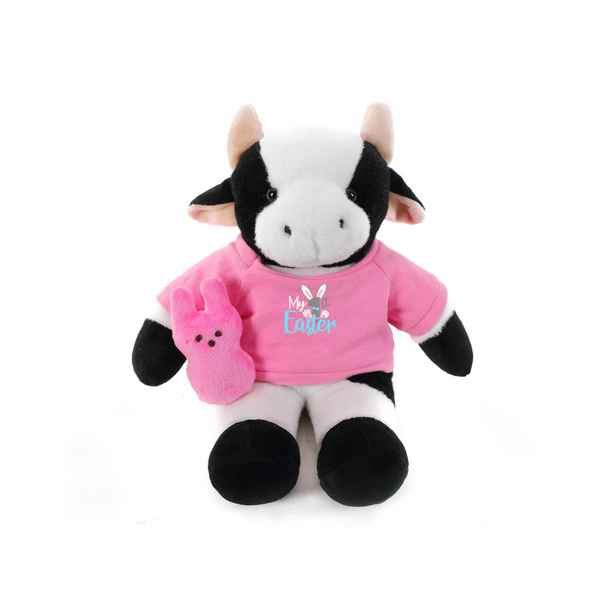 12" Sitting Cow with Custom 1st Easter Pink Shirt, Featuring Soft and an Adorable Outfit by Plushland.






