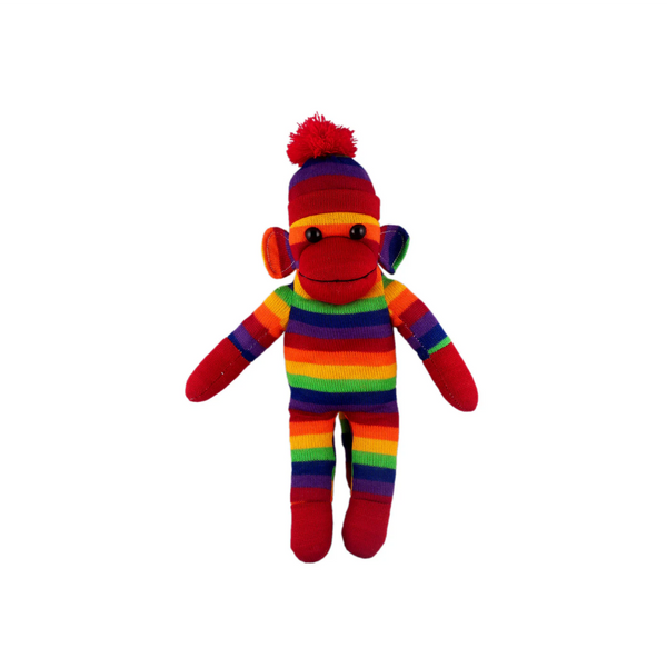 16" Standing Rainbow Sock Monkey in Multicolor, Featuring Soft Fur and a Fun Design by Plushland.