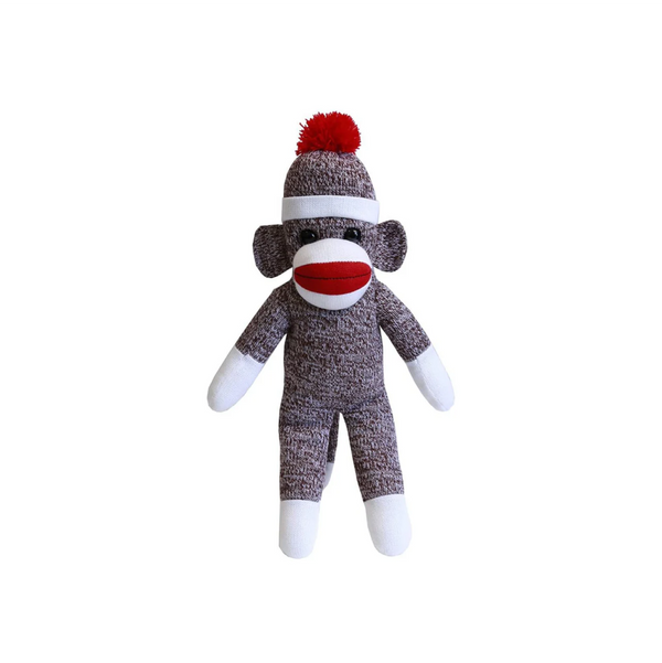 16" Standing Brown Sock Monkey in Multicolor, Featuring Soft Fur and a Fun Design by Plushland.