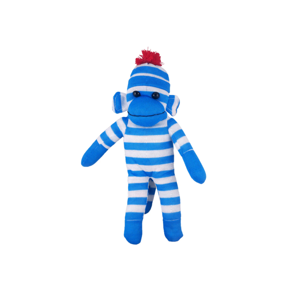 16" Standing Blue Sock Monkey in Multicolor, Featuring Soft Fur and a Fun Design by Plushland.