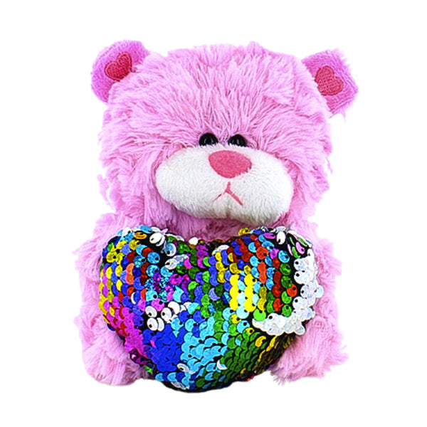 6" Sitting Pink Bear with Sequin Rainbow Heart, Holding a Rainbow Heart and Sparkling Heart by Plushland.