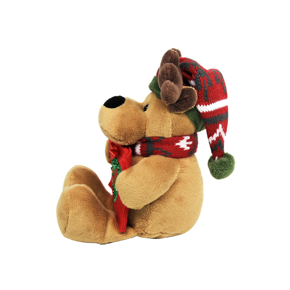 9" Gift Card Holder Reindeer Plush Toy Sitting Left Side, A Cute Penguin Wearing Festive Accessories by Plushland.