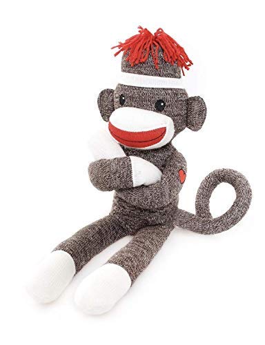 6-inch brown Sock Monkey sitting with hands folded, huggable vintage toy with soft plush fabric by Plushland