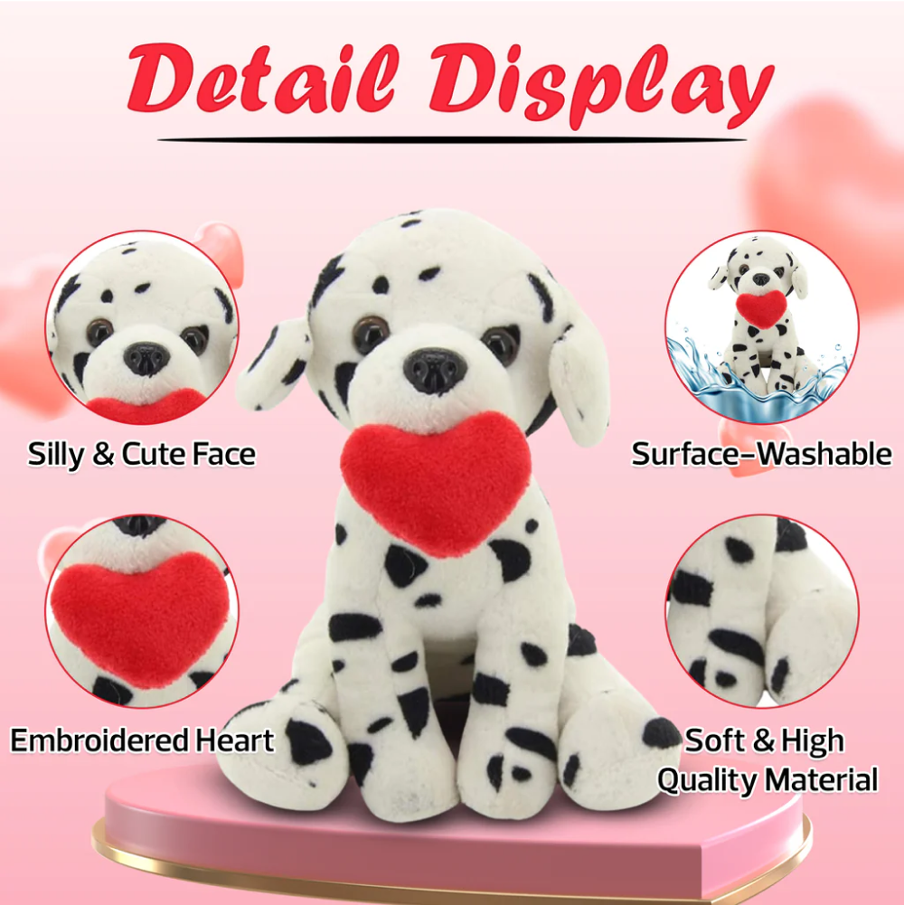 8" Valentine Pawpals Dalmatian Dog Detail, Featuring Soft Fur and an Adorable Valentine's Design by Plushland.