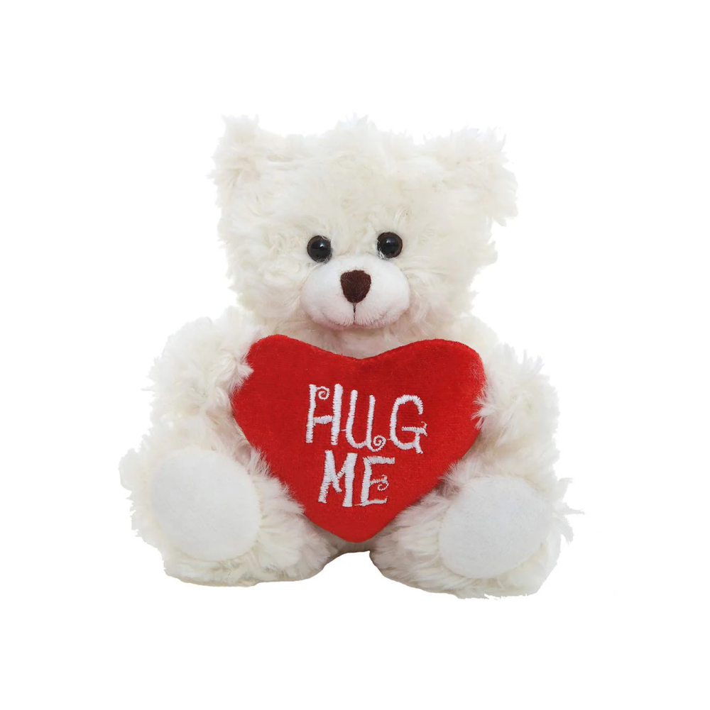 Sitting Valentine Mocha Bear Cream, Soft Fur, Holding a 'Hug Me' Heart, Perfect for Gifts by Plushland.