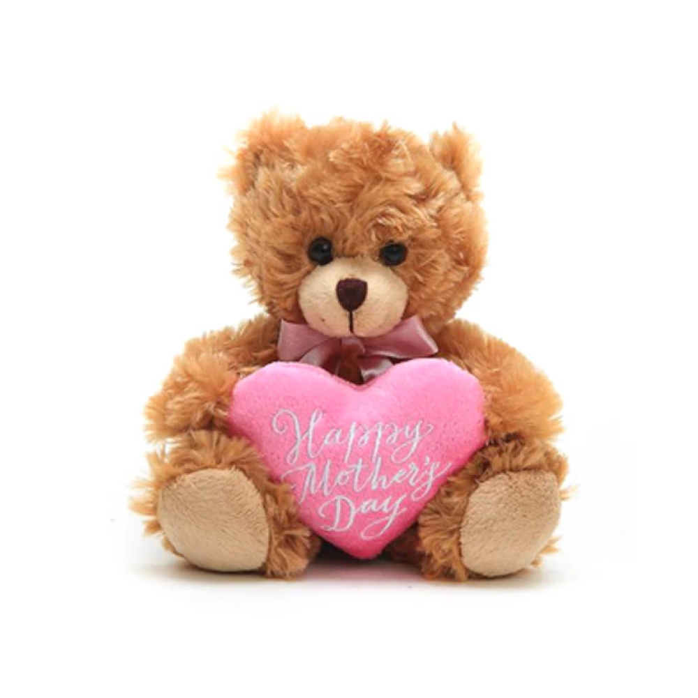 6" Sitting Happy Mother's Day Mocha Bear, Holding a Pink Heart, by Plushland.