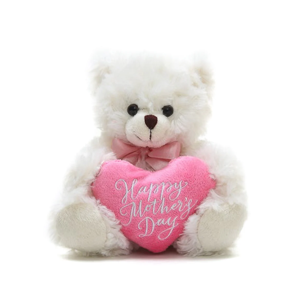 6" Happy Mother's Day Bear White, With Holding Pink Heart, Featuring Soft Heartfelt Design by Plushland.