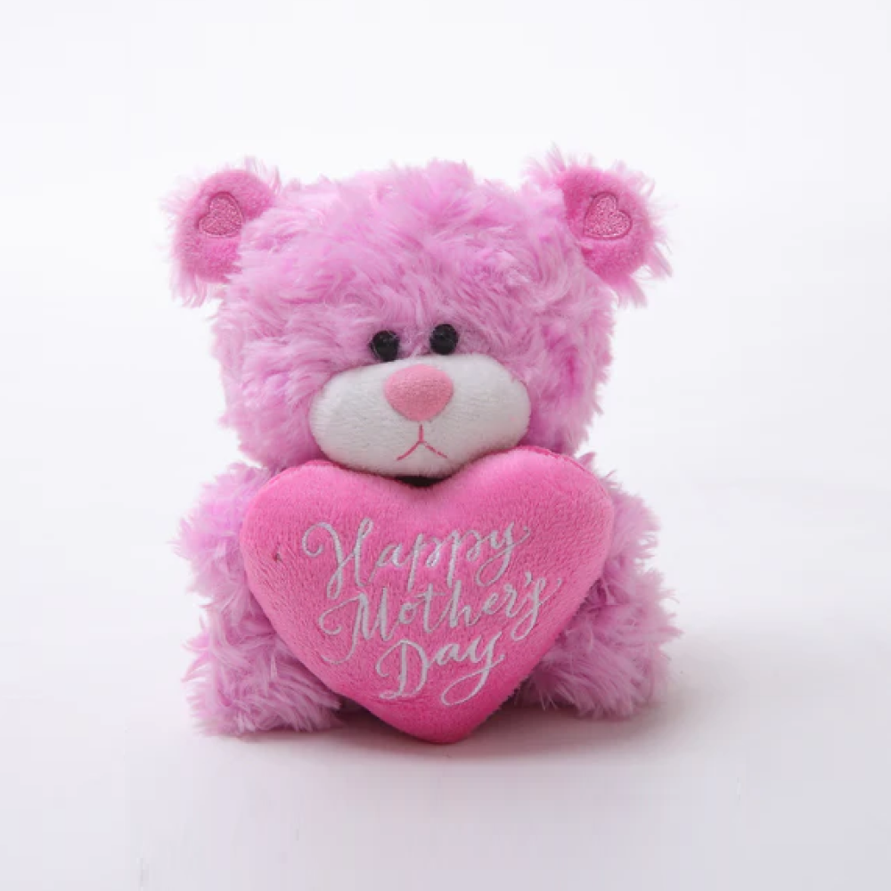 6" Sitting Happy Mother's Day Pink Qbeba, Holding a Pink Heart and Heartfelt Design by Plushland.