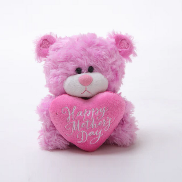 6" Sitting Happy Mother's Day Pink Qbeba, Holding a Pink Heart and Heartfelt Design by Plushland.