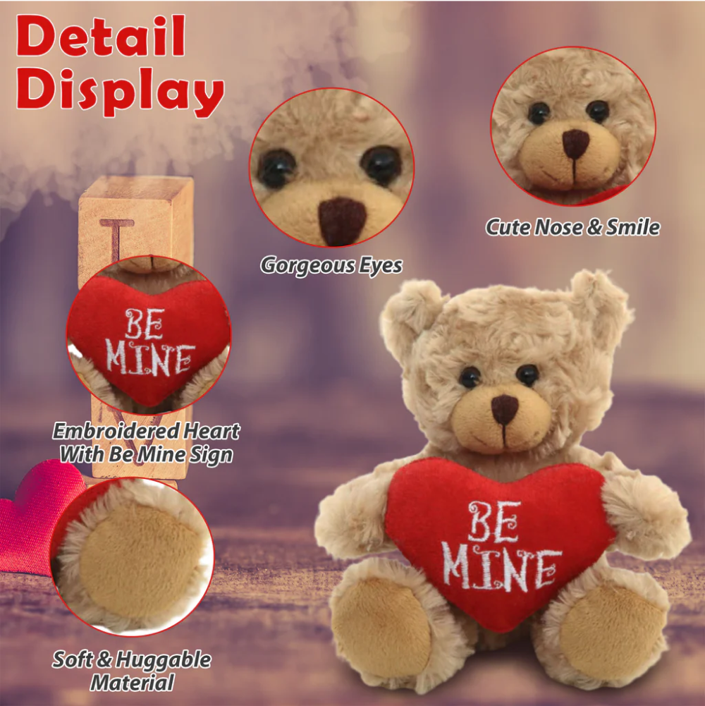 6" Sitting Valentine Mocha Bear, Soft Fur, Holding a Heart with Detail Display by Plushland.