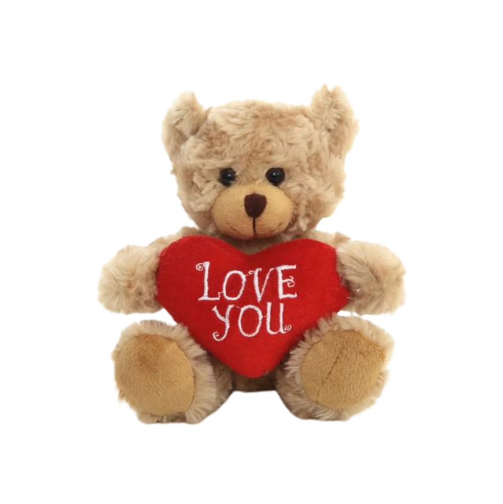 6" Sitting Valentine Mocha Bear, Soft Fur, Holding a Heart with 'Love You' Inscription, Perfect for Gifts by Plushland.