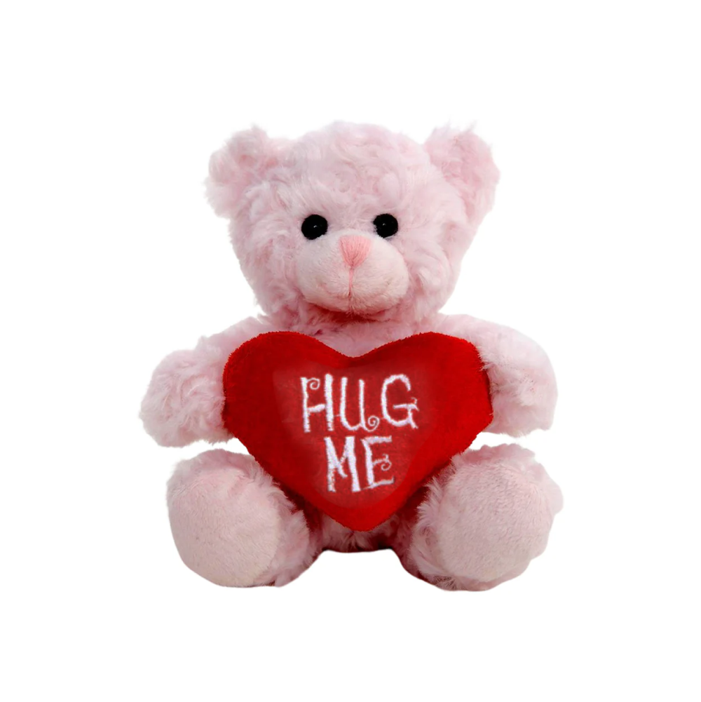 9" Sitting Valentine Mocha Bear Pink, Soft Fur, Holding a 'Hug Me' Heart, Perfect for Gifts by Plushland.