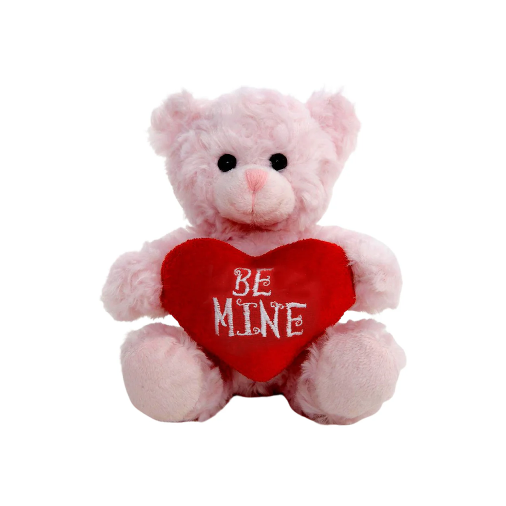 9" Sitting Valentine Mocha Bear Pink, Soft Fur, Holding a 'Be Mine' Heart, Perfect for Gifts by Plushland.