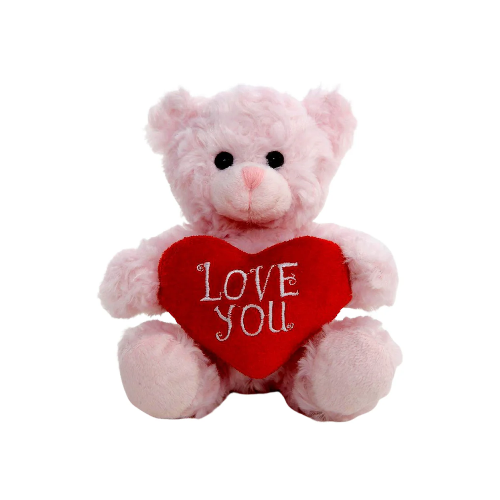 9" Sitting Valentine Mocha Bear Pink, Soft Fur, Holding a 'Love You' Heart, Perfect for Gifts by Plushland.