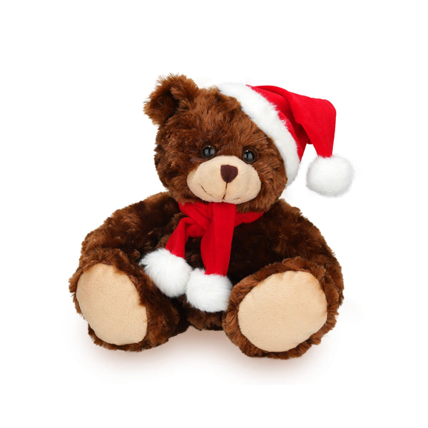 6" Sitting Xmas Chocolate Bear with Hat and Scarf, Featuring Soft Fur and a Festive Design by Plushland.