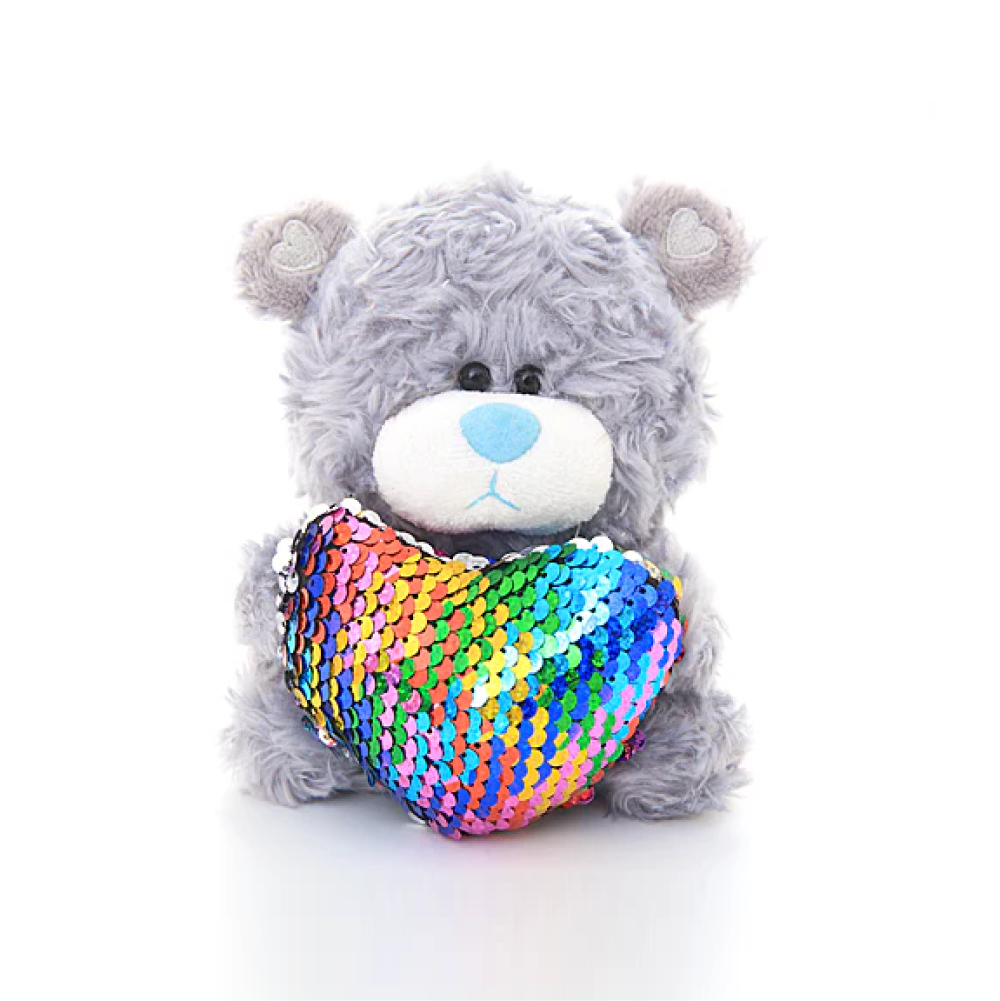 6" Gray Bear with Sequin Rainbow Heart, Featuring Soft and a Sparkling Heart by Plushland.