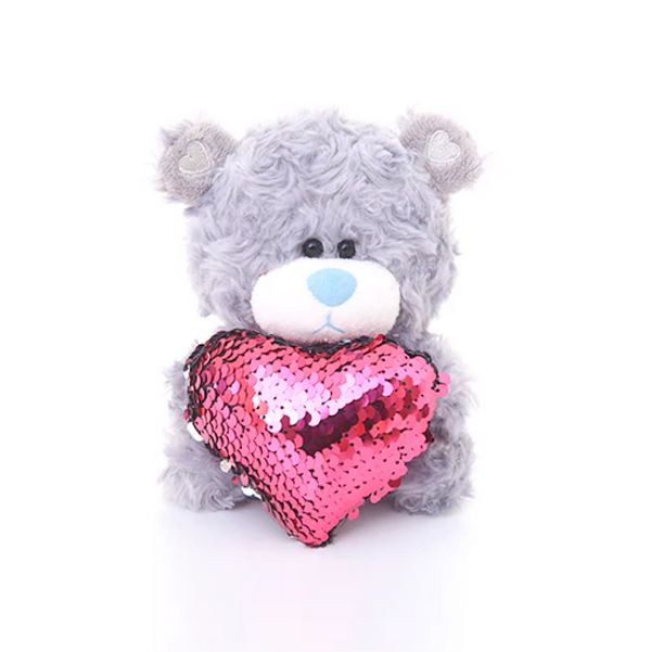 6" Gray Bear with Sequin Pink Heart, Featuring Soft and a Sparkling Heart by Plushland.