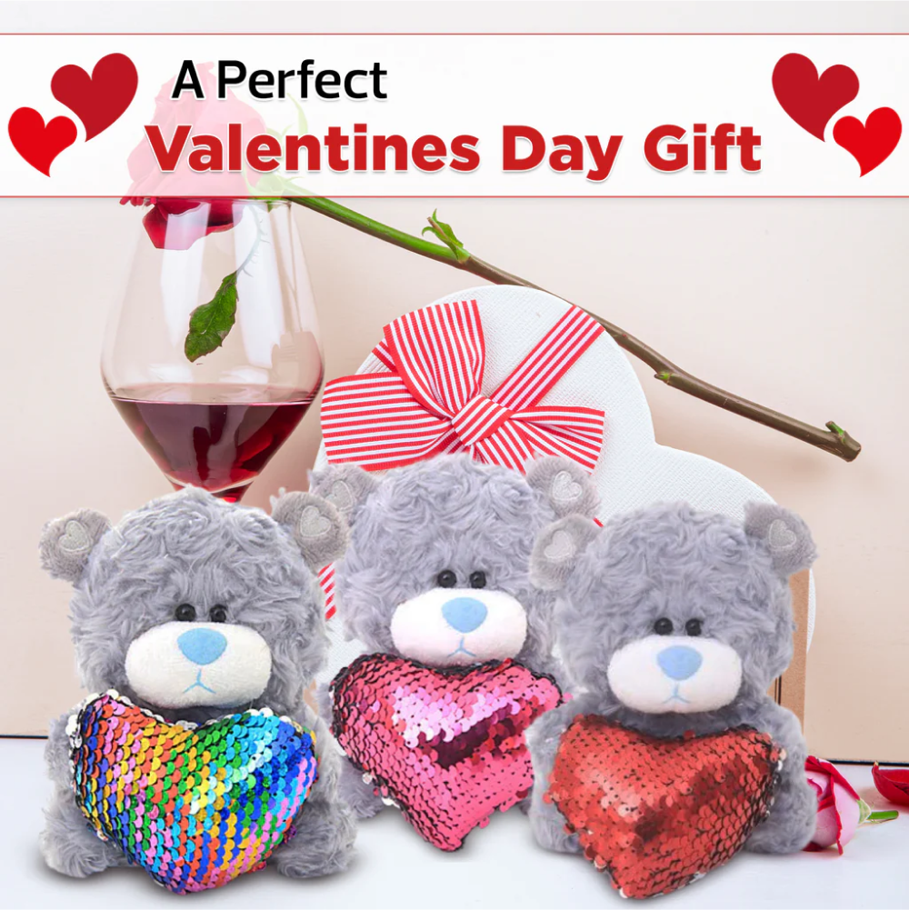 6" Gray Bear with Sequin Heart. Valentines Day Gift, Featuring Soft and a Sparkling Heart by Plushland.