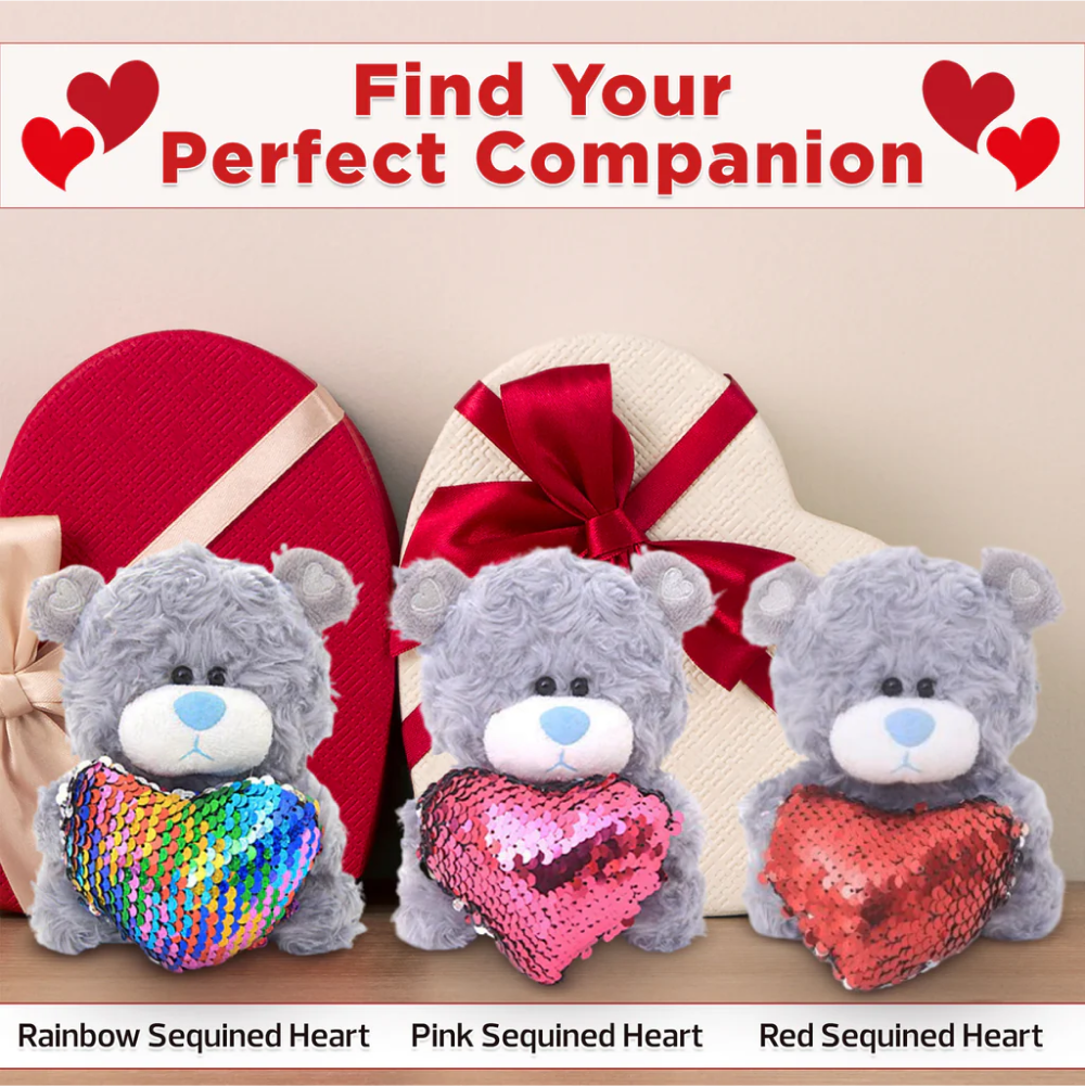 6" Gray Bear with Sequin Heart, Find the Perfect Companion, Featuring Soft and a Sparkling Heart by Plushland.