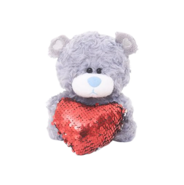 6" Gray Bear with Sequin Red Heart, Featuring Soft and a Sparkling Heart by Plushland.