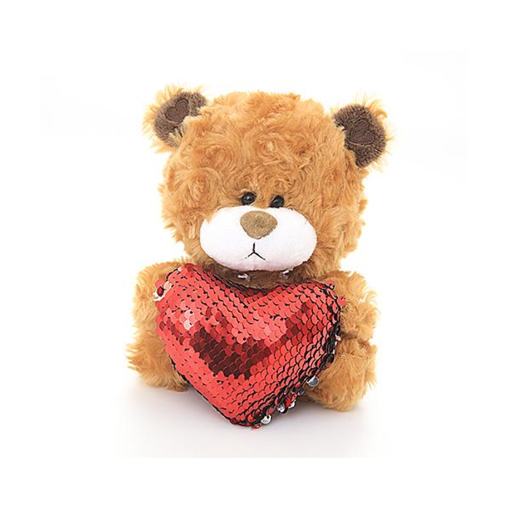 6" Sitting Brown Bear with Sequin Red Heart, Featuring Soft and a Sparkling Heart by Plushland.