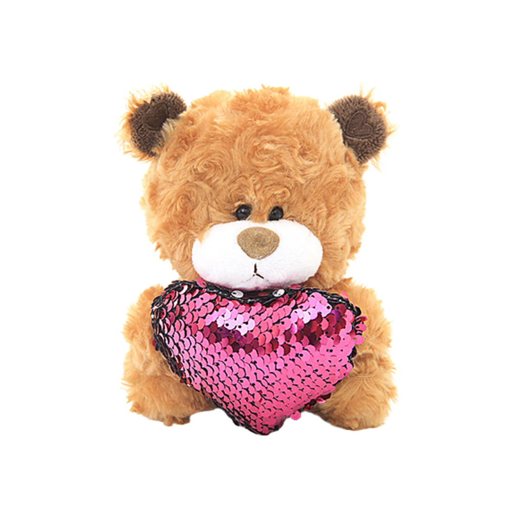 6" Sitting Brown Bear with Sequin Pink Heart, Featuring Soft and a Sparkling Heart by Plushland.