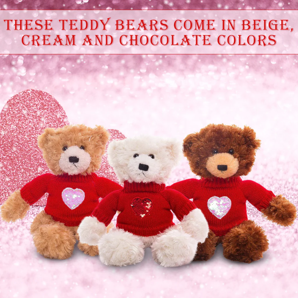 12" Sitting Cream, Beige, Chocolate Teddy Bears in Love Sweaters with Soft Fur by Plushland.