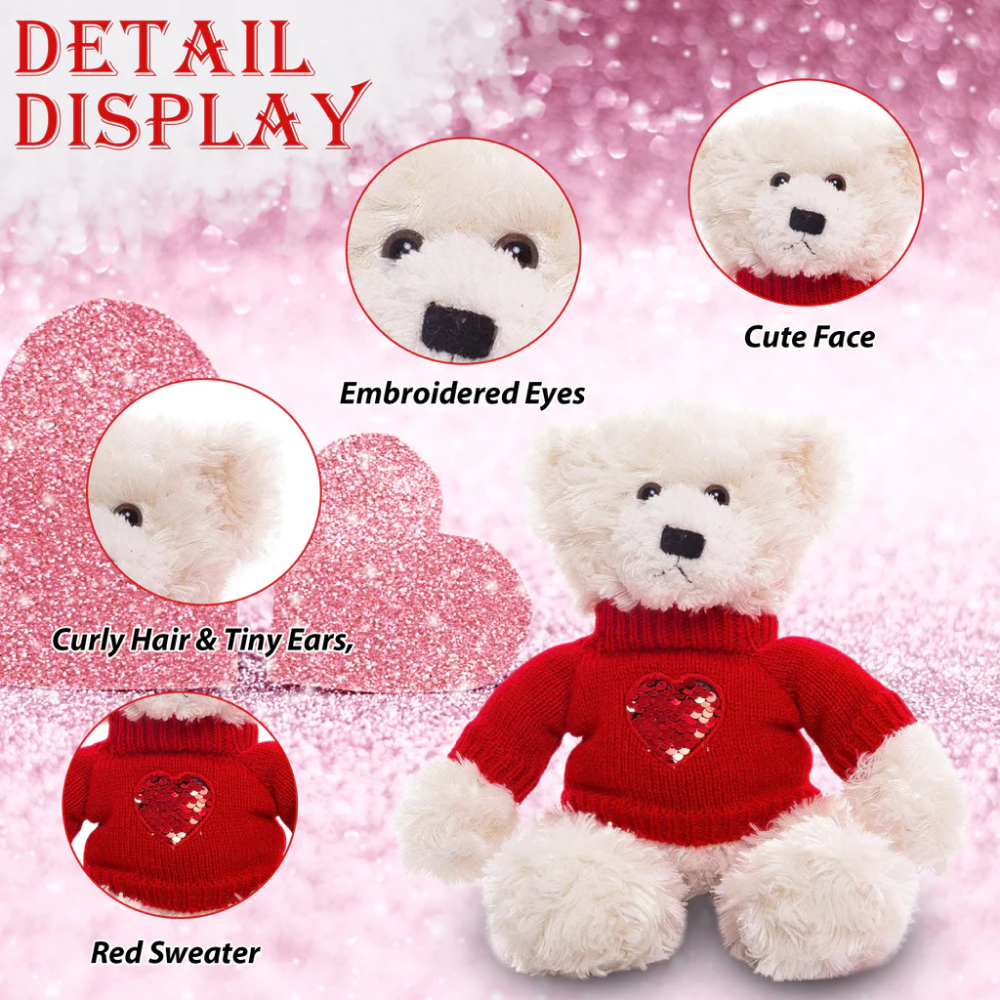 12" Cream Teddy Bear in Love Sweater, Featuring Soft Fur and a Heart Design, Display Details by Plushland.