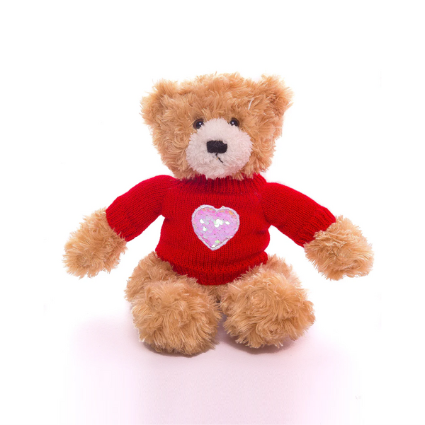 12" Sitting Beige Teddy Bear with Love Sweater, Featuring Soft Fur and a Cute Heart Sweater Design by Plushland.