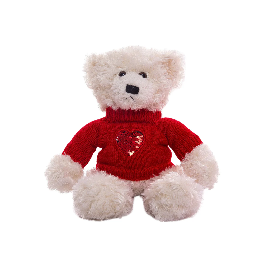 12" Sitting Cream Teddy Bear with Love Sweater, Featuring Soft Fur and a Cute Heart Sweater Design by Plushland.