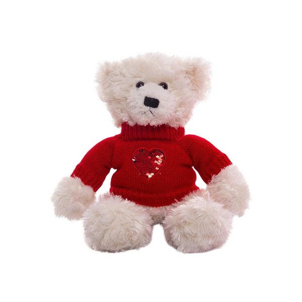 12" Sitting Cream Teddy Bear with Love Sweater, Featuring Soft Fur and a Cute Heart Sweater Design by Plushland.