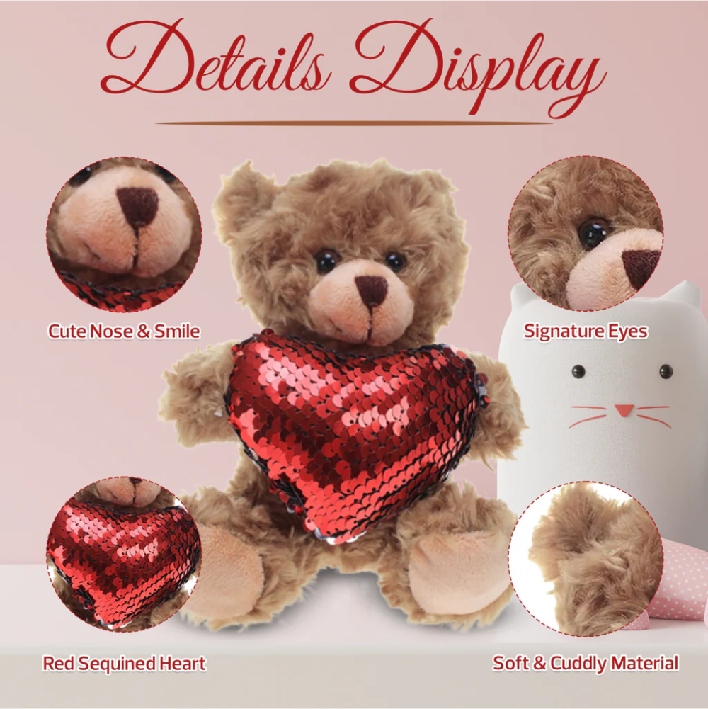 6" Mocha Bear with Sequin Red Heart, Soft Fur and Sparkling Heart, Displayed with Detail by Plushland.