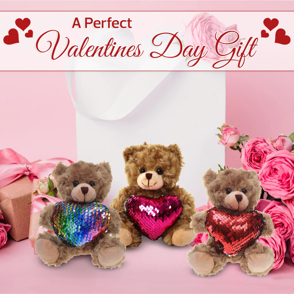 6" Sitting Mocha Bear with Sequin Heart, Find the Perfect Companion, Featuring Soft and a Sparkling Heart by Plushland.