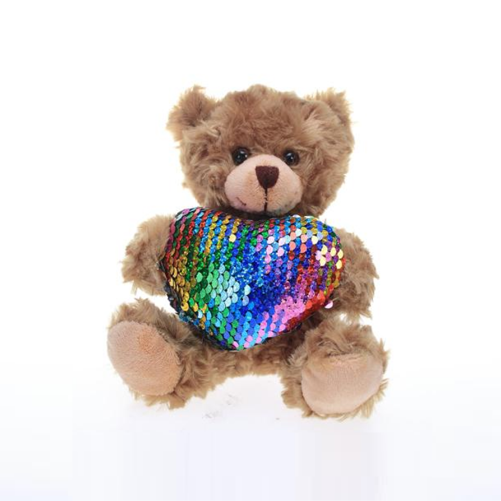 6" Sitting Mocha Bear with Sequin Rainbow Heart, Featuring Soft and a Sparkling Heart by Plushland.