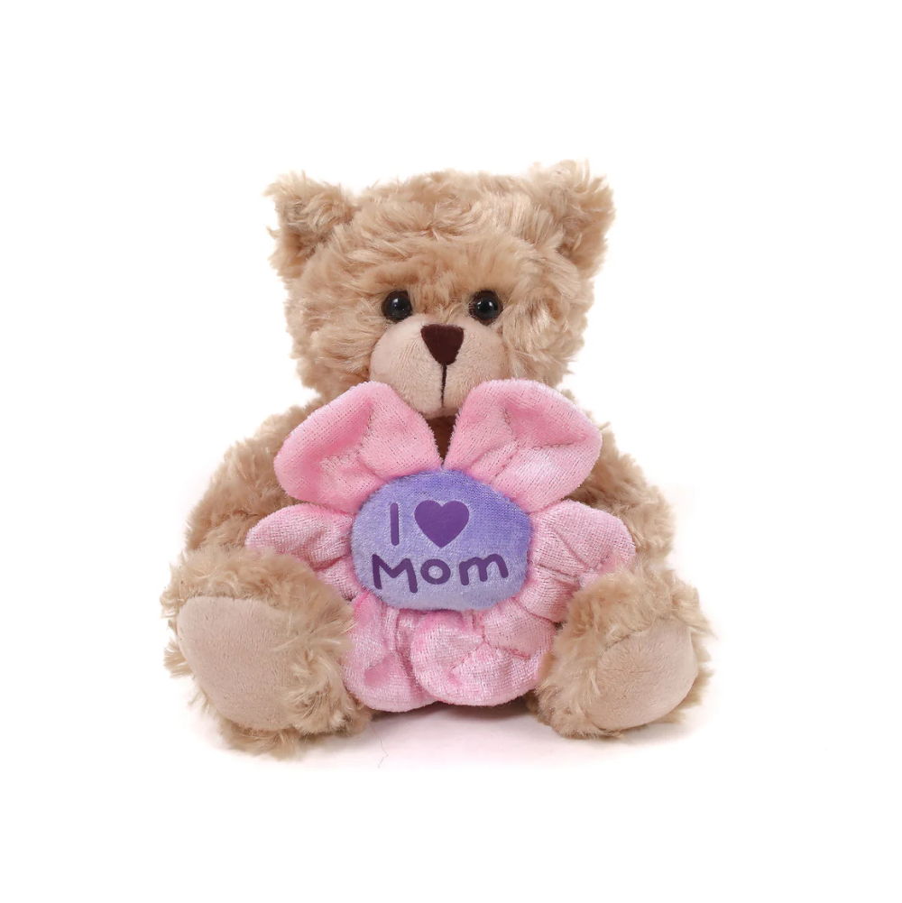 6" Sitting Mocha Bear Holding Flower, Featuring Soft and a Sweet Floral Detail by Plushland.