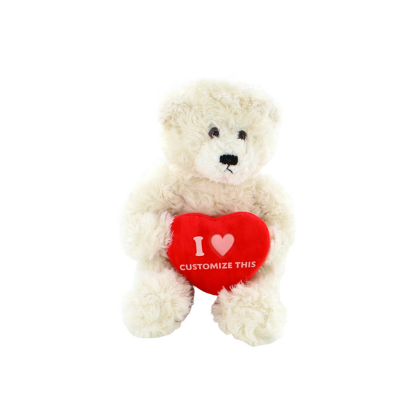 12" Sitting Cream Bears with Custom Heart, Soft Fur, Holding Personalized Heart by Plushland.